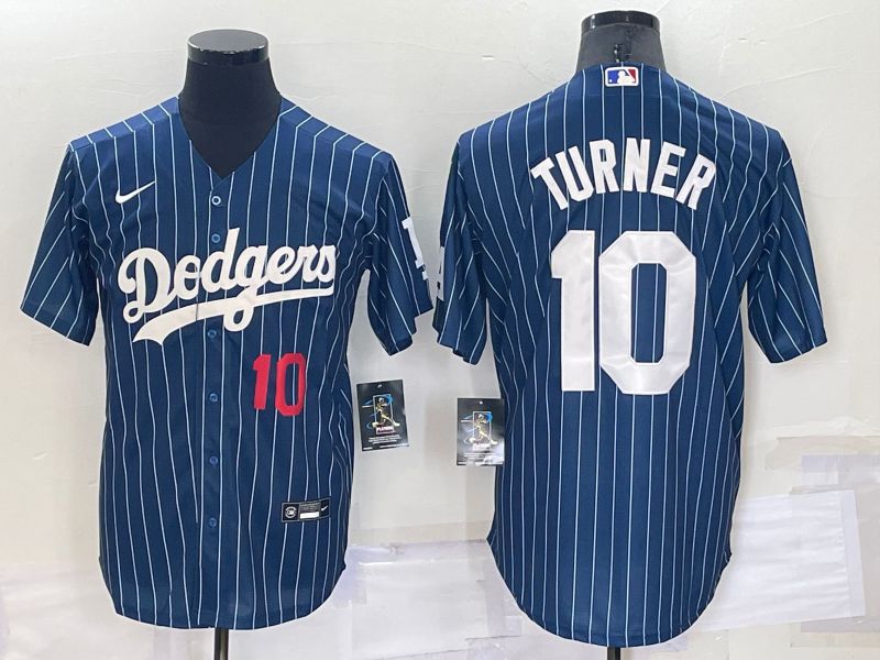 Men Los Angeles Dodgers #10 Turner Blue Stripe Throwback Nike 2022 MLB Jersey